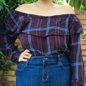 BLUE BROWN OFF SHOULDER BLOUSE